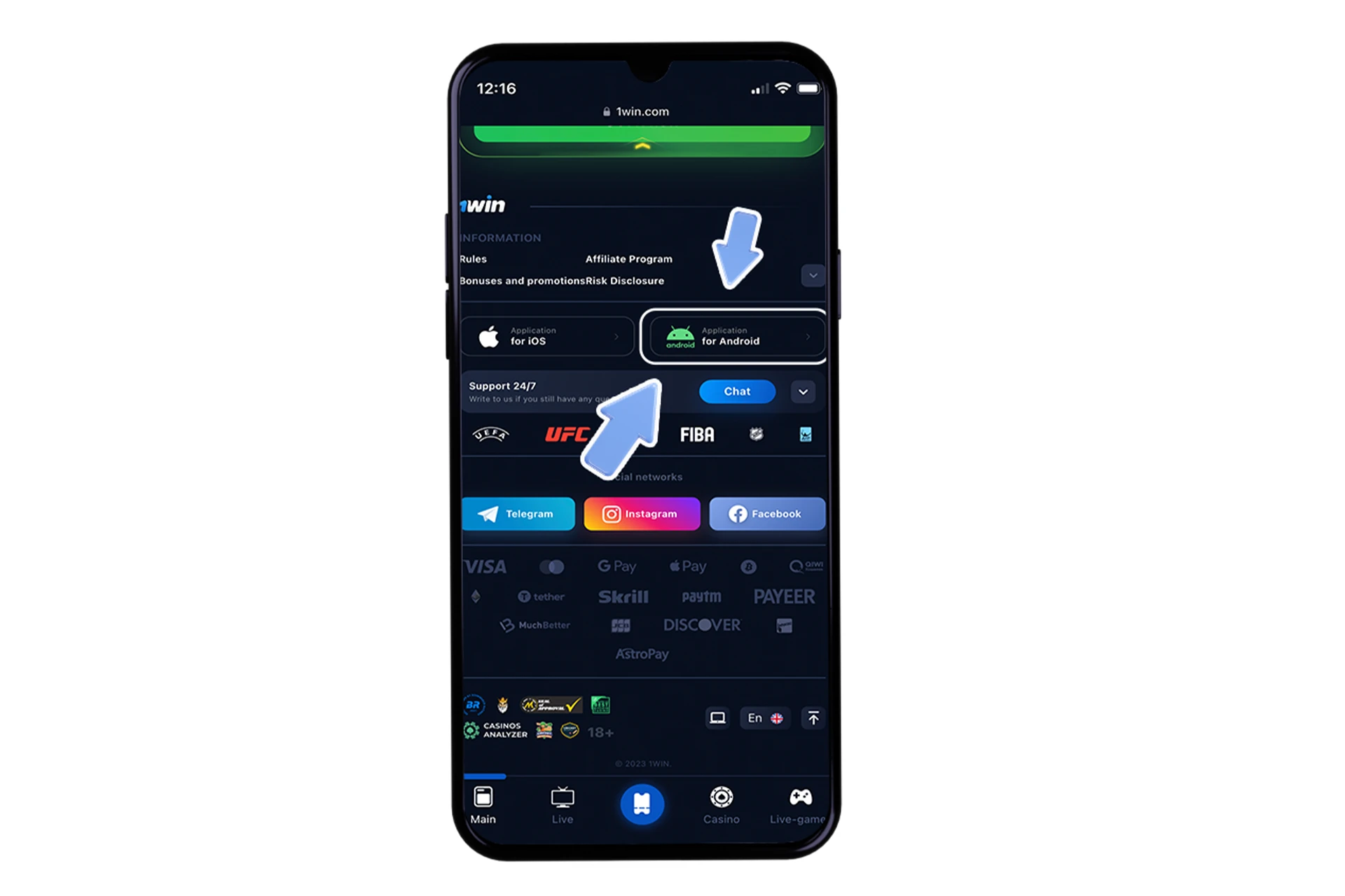 Download 1win apk file from the official website.
