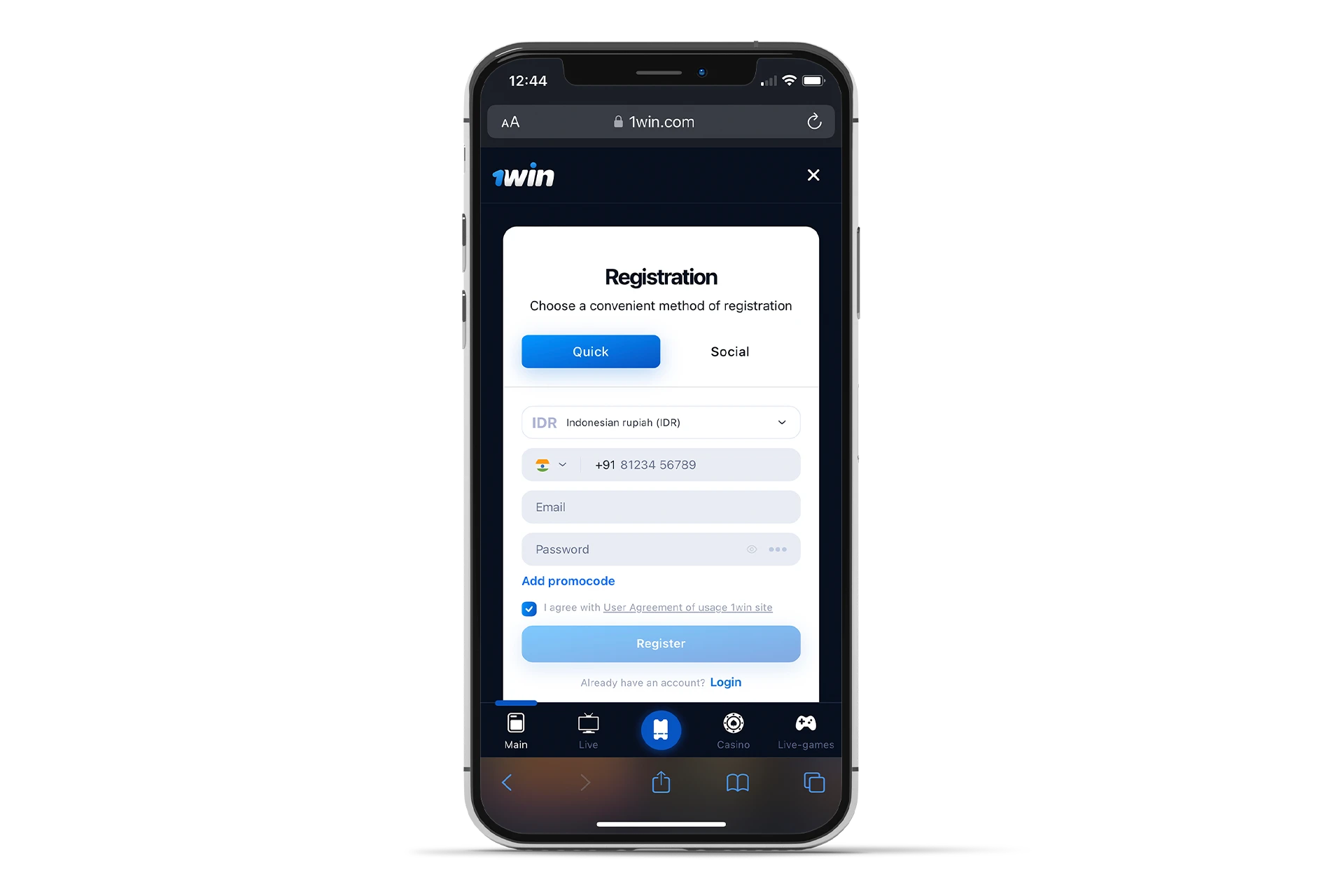 Sign up for 1Win in order to get access to all service.