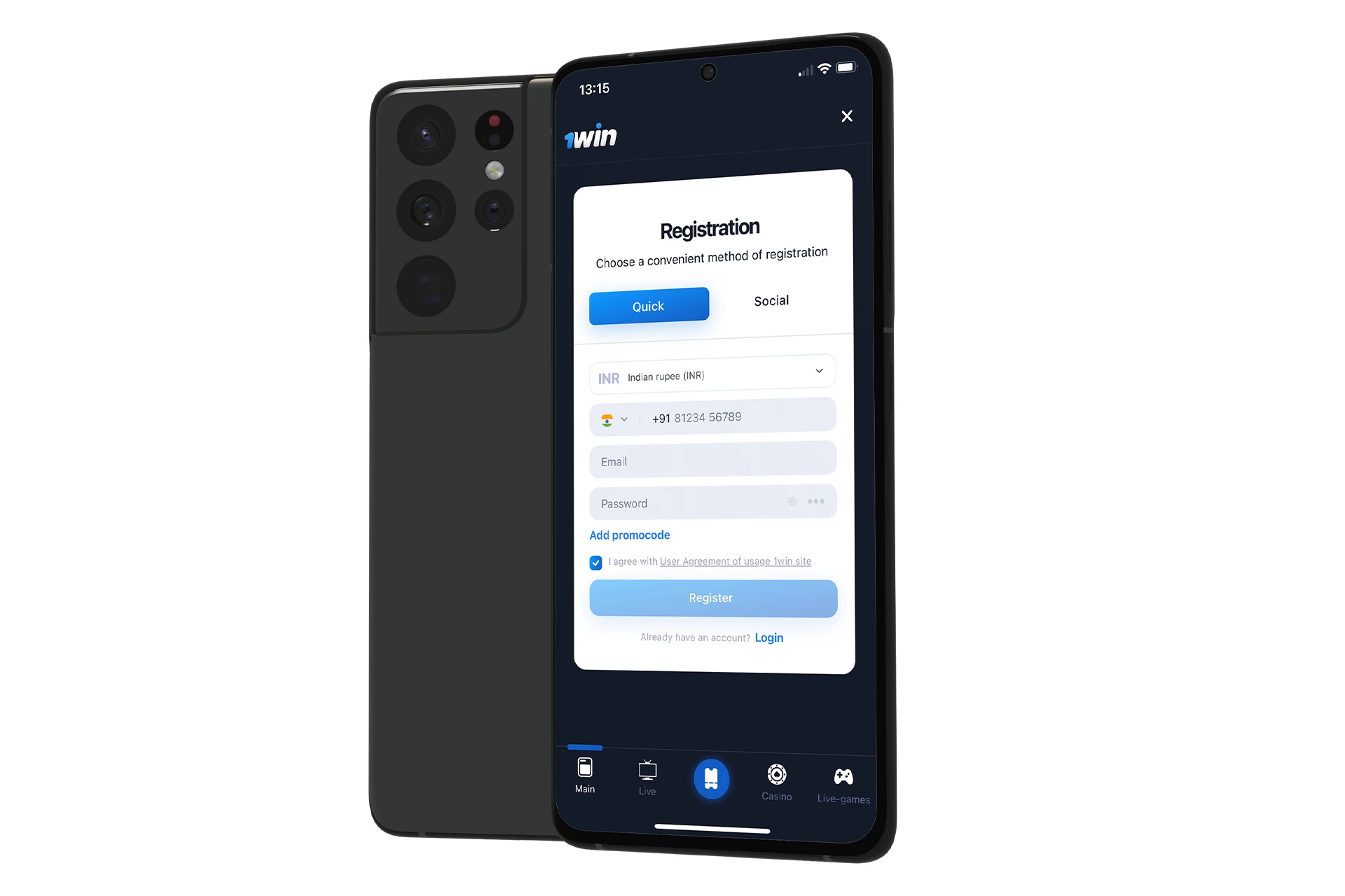 Go to the 1Win website and create your account.