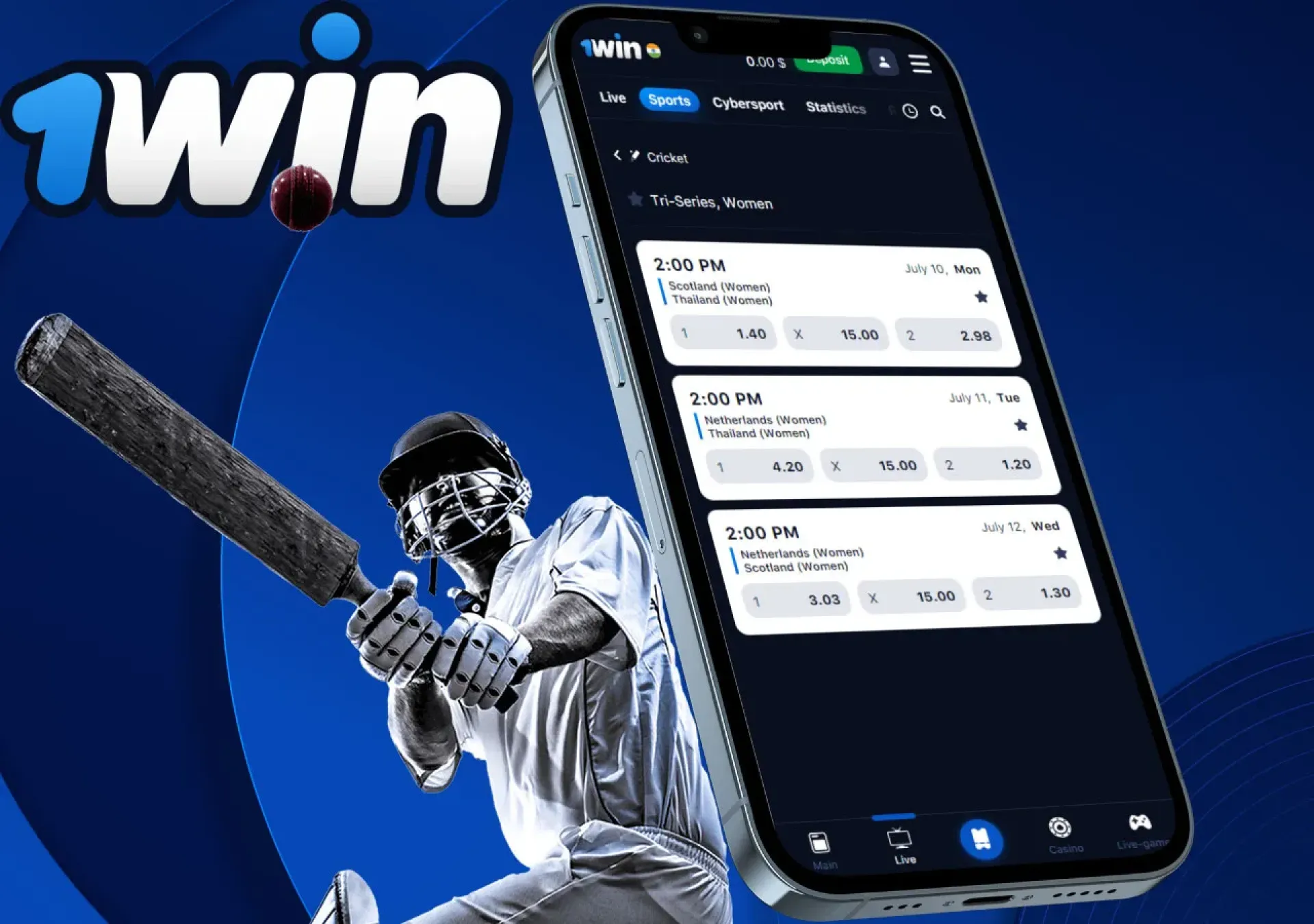 Install the 1Win app on you device to place bets on cricket whenever you want.