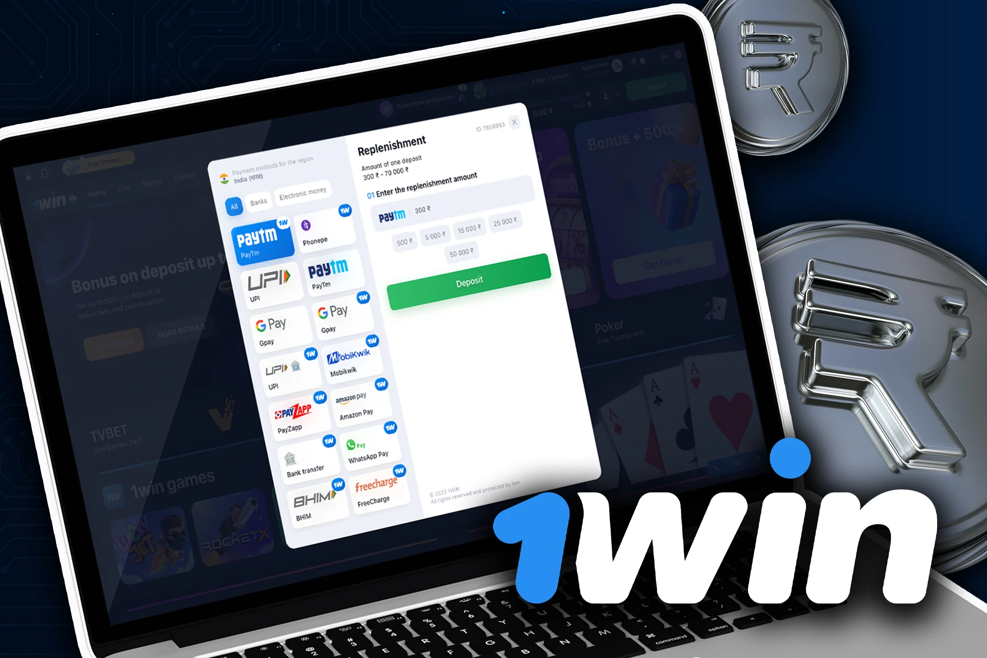 Choose 1Win payment method and specify the amount of deposit.