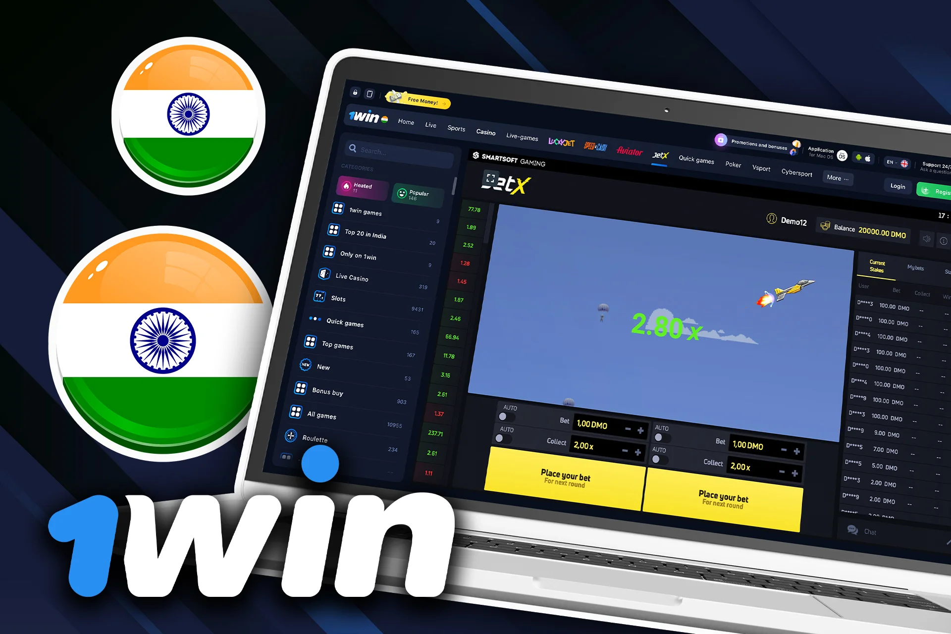 Open 1Win casino section and start playing JetX.