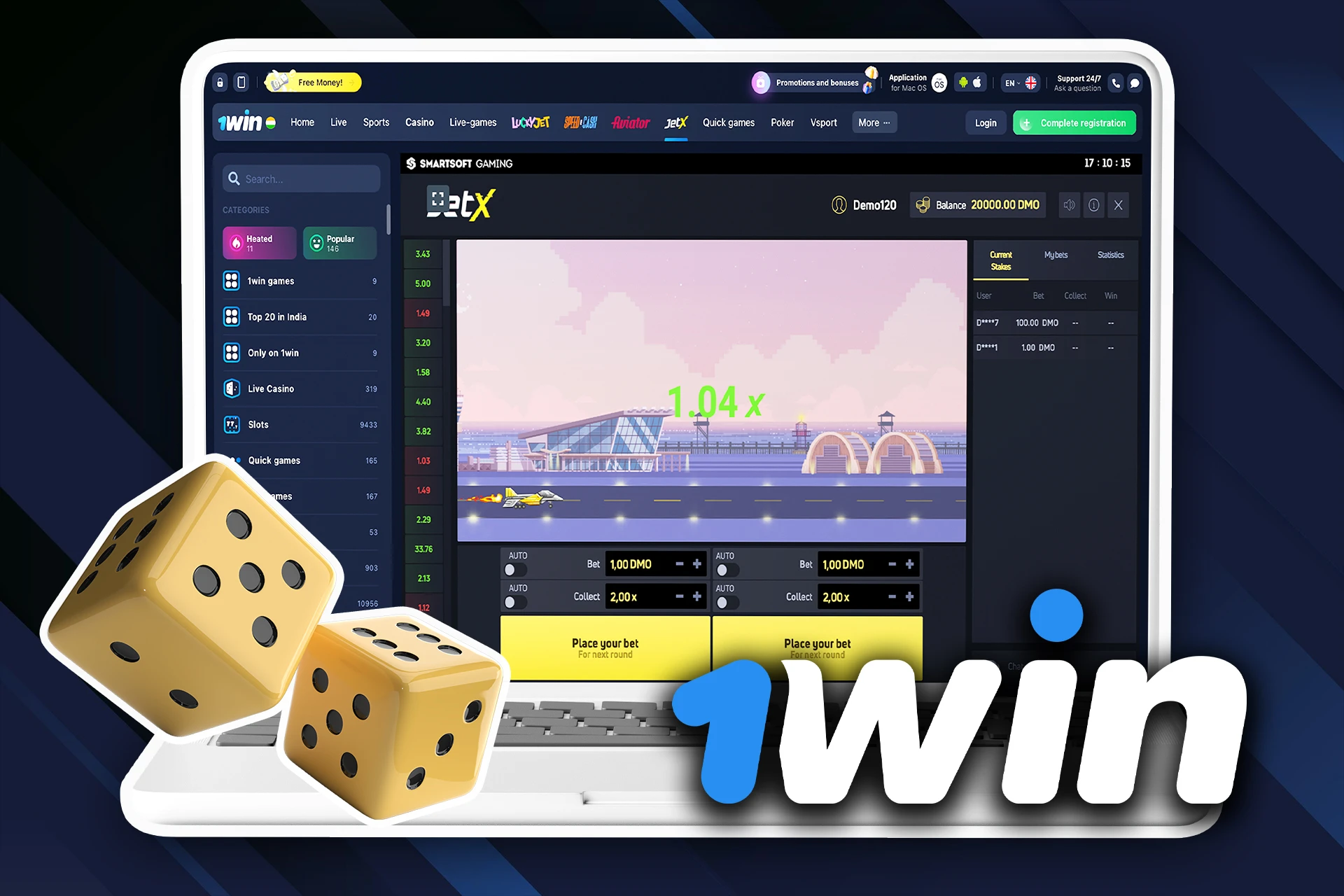 Specify the amount of money you want to bet on 1Win JetX.