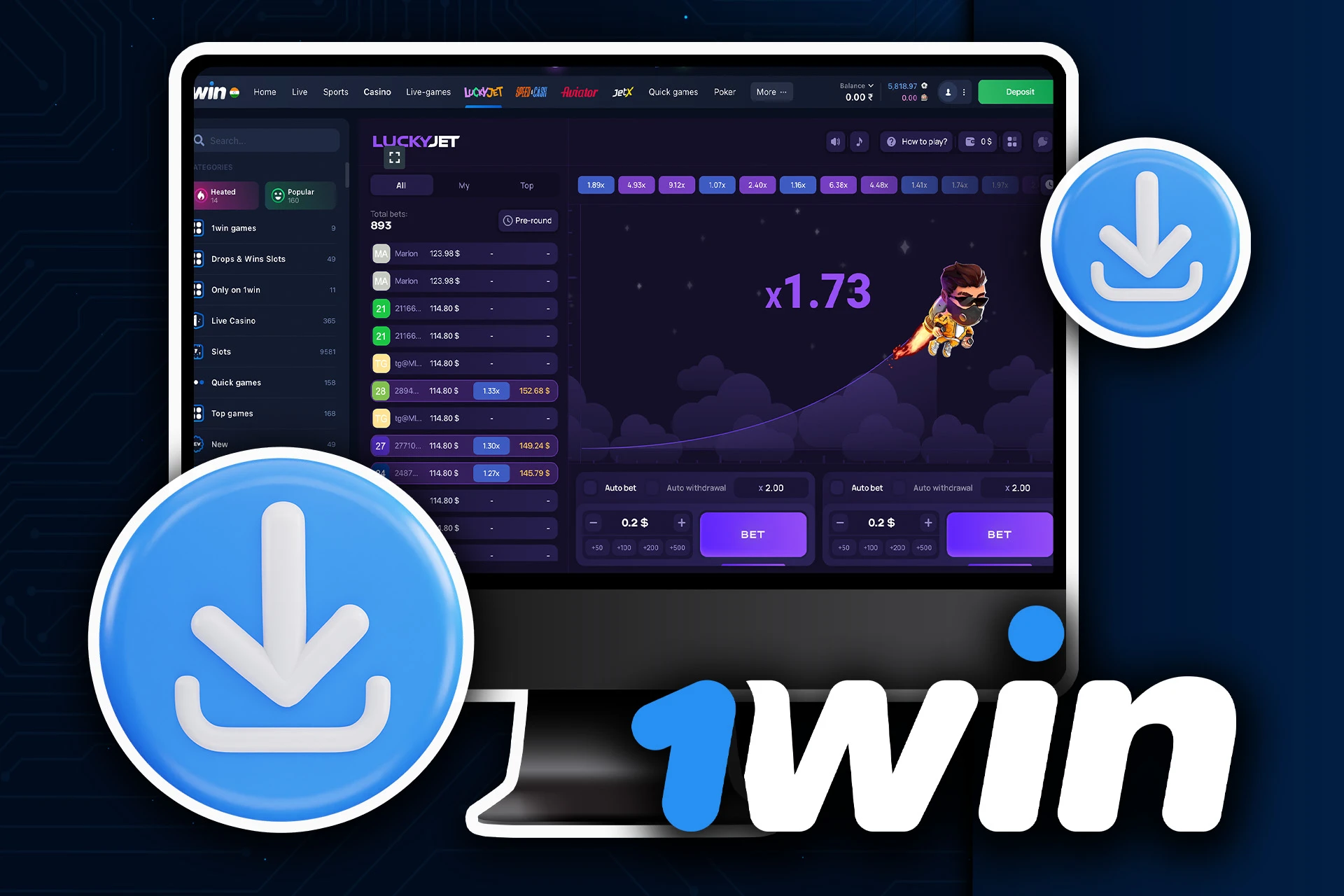 Download the 1Win app on your PC and start playing Lucky Jet.