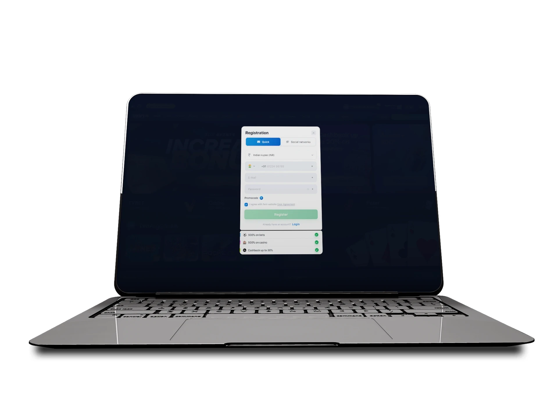 Provide the required data in 1Win registration form.