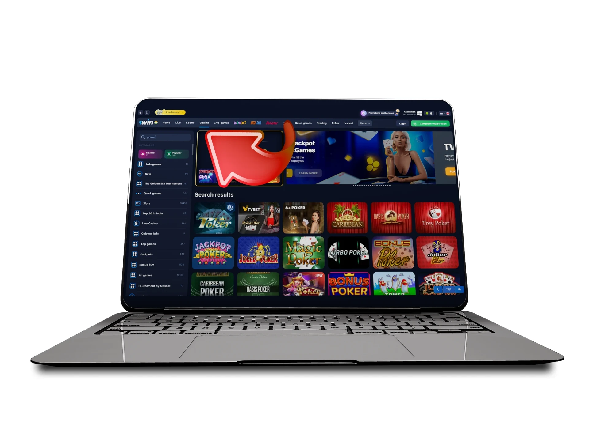 Enter the 1Win casino and start playing poker games.