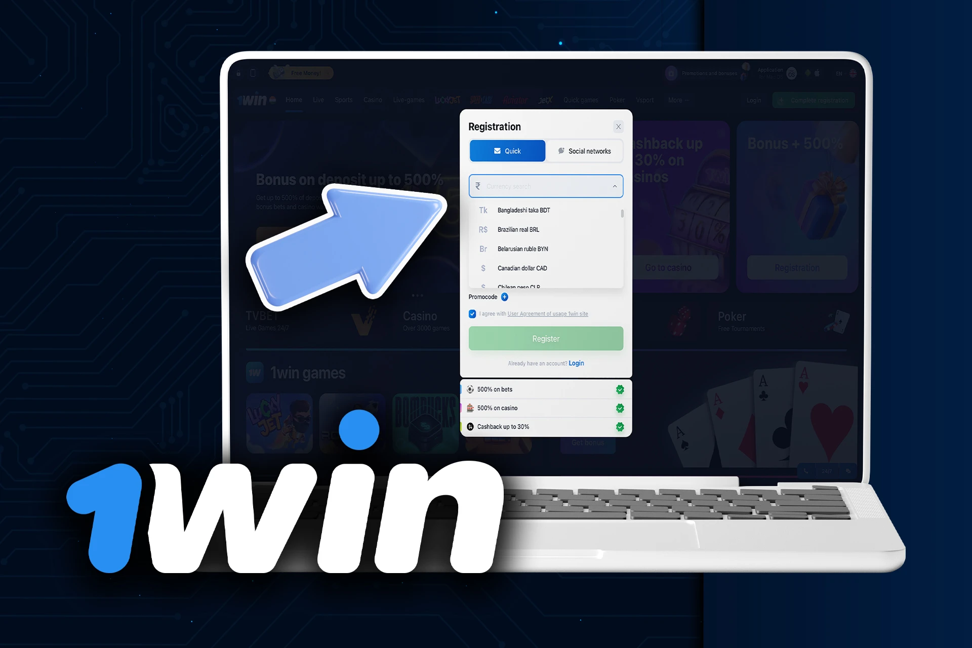 Choose your preferred currency you want to deposit at 1Win.